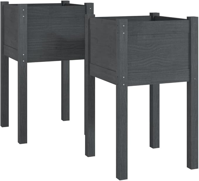 Set of 2 Wooden Garden Planter Box Raised Garden Bed with Legs Outdoor Wood Planter Box Stand Outdoor Wood Raised Garden Bed Gray 15.7x15.7x27.6-453