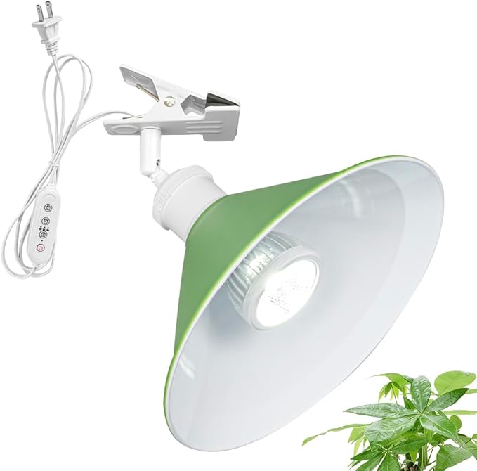 Clip Mount 5.9Ft Plug in Timing Cord Plant Light Full Spectrum White Light White Base Green Metal Shade Adjusted Angle Simple Clamp Light for Indoor Plants