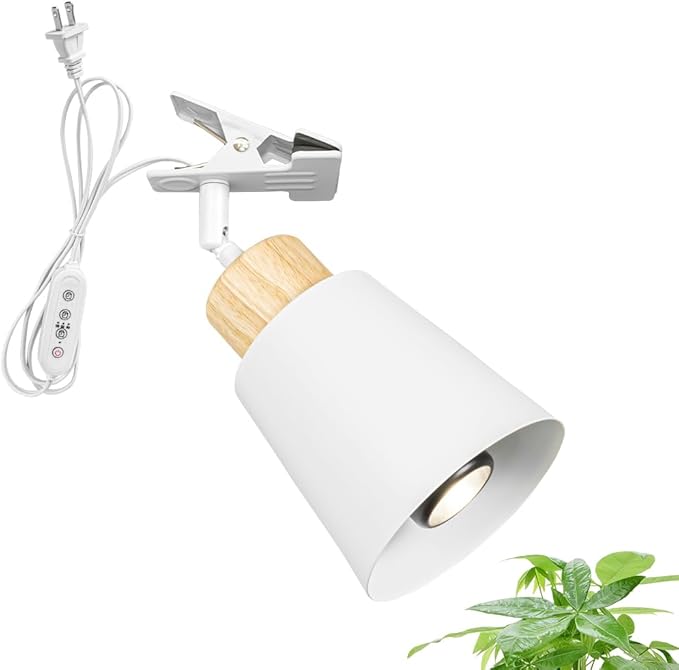 Clip Mount Adjusted Angle 5.9Ft Plug in Timing Cord Plant Light Full Spectrum 4500K 10W Modern Wood Base White Metal Clamp Light for Indoor Plants Flowers