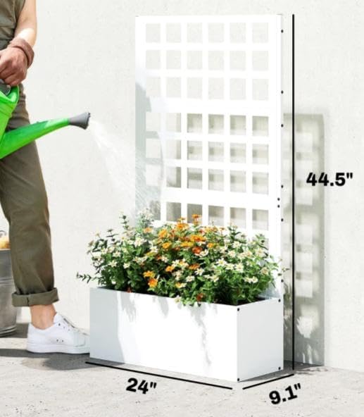 Galvanized Steel Raised Garden Bed with Trellis - Heavy-Duty Metal Planter Box for Vegetables &amp Climbing Plants Weather-Resistant Outdoor Vertical Garden Kit (White)