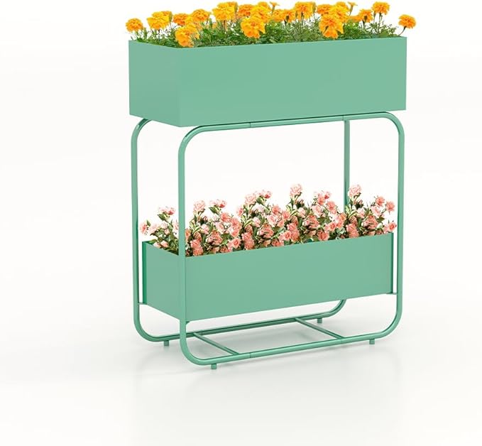 Raised Garden Bed Herb Garden Planter Outdoor - 2 Tier Metal Raised Elevated Garden Bed Planter with Drainage Holes for Patio Lawn Backyard Balcony 24x10x29 Inch Green