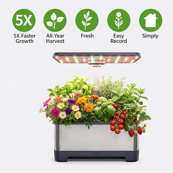 Indoor Hydroponic Garden System Smart 8-Pod Indoor Herb Garden Kit with 24W LED Grow Light APP Control 30” Adjustable Height Quiet Pump