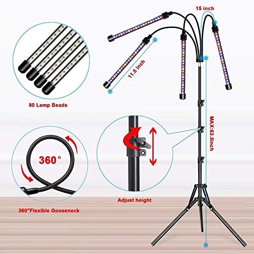 Grow Light for Indoor Plants Full Spectrum Grow Light Indoor Plant Lights 5 Head 165 LED Floor Plant Light with Stand 10 Level Grow lamp Light for Plants (4-Heads Grow Lights)