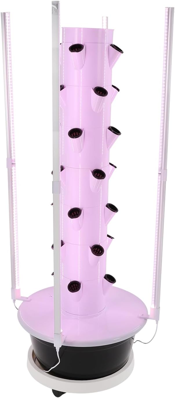 28-Plant Hydroponic Growing Tower – Indoor Vertical Garden Kit with LED Grow Lights 7.92 Gal Water Tank 6-Preset Timer &amp Wheels (20.86 x 53.54 in) for Herbs/Veggies/Flowers (Black Tank)