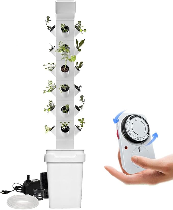 Hydroponics Growing System 24 Pods Vertical Hydroponics Tower Smart Garden Planter Germination Kit Aeroponics Growing Kit with Hydrating Pump Adapter Net Pots T