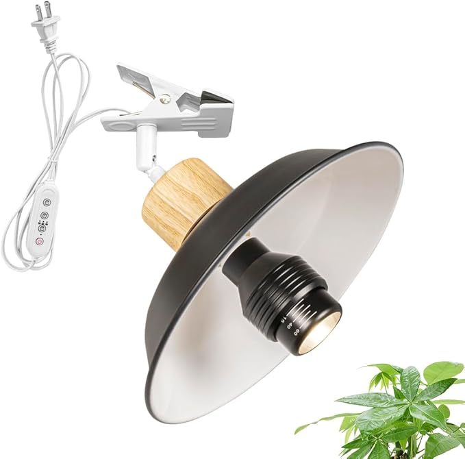 Simple Clip Mount 5.9Ft Plug in Timing Cord Plant Light Full Spectrum 4500K 10W Wood Base Black Metal Adjusted Angle Clamp Light for Indoor Plants Flowers