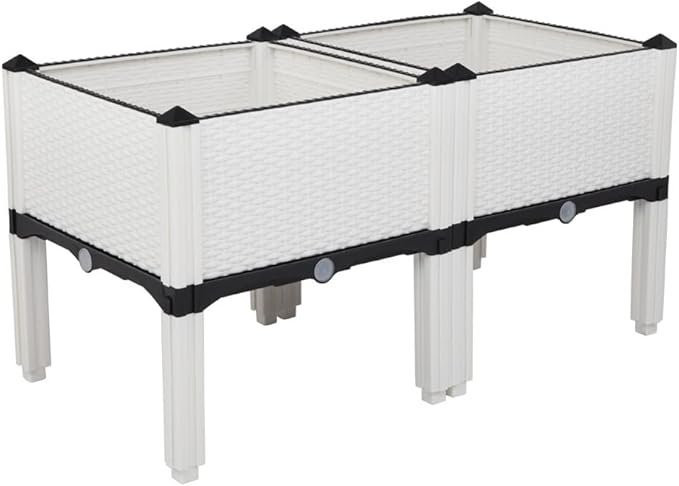 Elevated Planters Raised Garden Beds Plastic Vegetables Plant Raised Bed Kits Set of 2 Flowers Vegetables Growing Box with Legs &amp Drainage Holes for Garden Patio Balcony Restaurant White