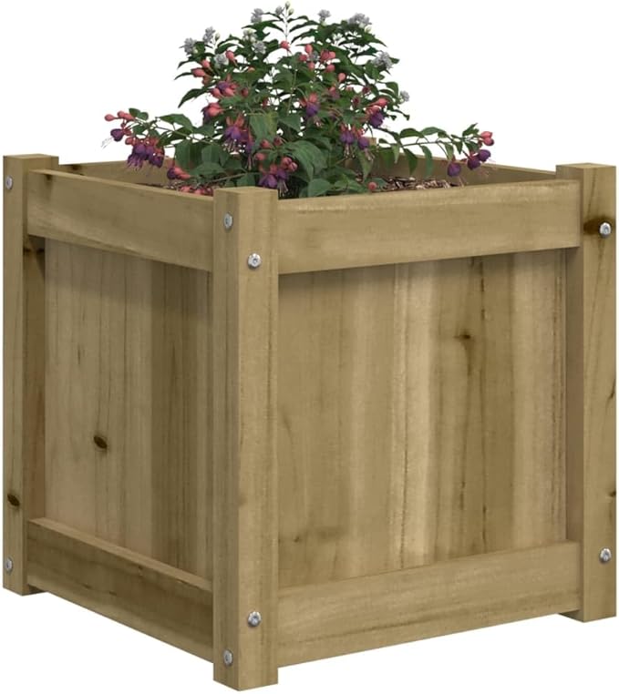Garden Planter Natural Wood Look Treated Solid Pine Wood 15.7 inch Square Raised Garden Bed for Outdoor Plants Rustic Finish Planter Box