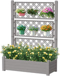Raised Garden Bed Outdoor with Trellis Drainage Holes Planter Boxes Separate Growing Zones for Backyard Balcony Climbing Plants Gray