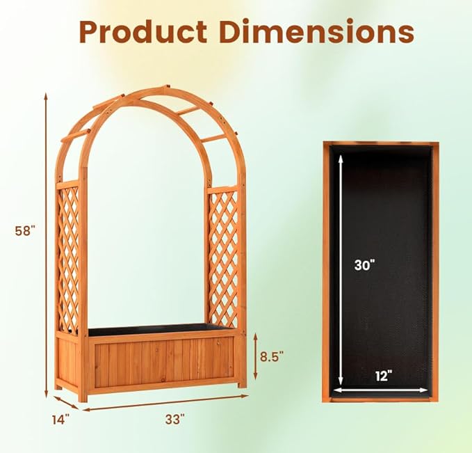 Giantex Set of 2 Raised Garden Bed with Arch Trellis for Climbing Vine Flower Vegetable Wood Planter Box with Liner &amp Drainage Design Outdoor Plant Container for Yard Balcony (33x14x58)