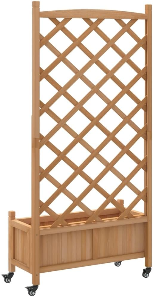 Raised Garden Bed Planter with Trellis and Wheels Brown Solid Fir Wood Outdoor Planter Box for Climbing Plants and Vegetables with Drainage and Ventilation