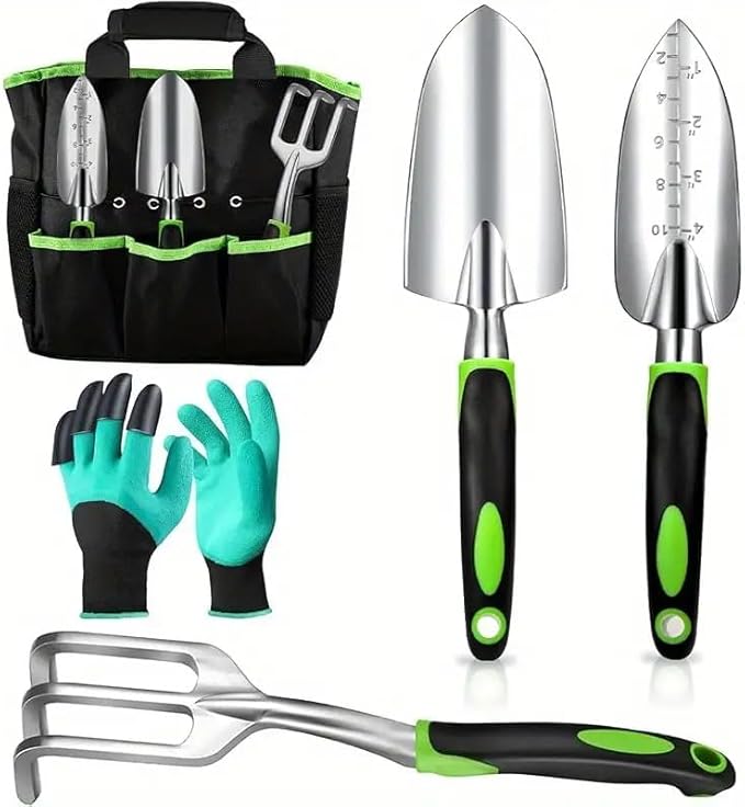 Garden Tool Set with Storage Tote 3 Piece Gardening Tools with Ergonomic Handles Garden Gloves Black and Green