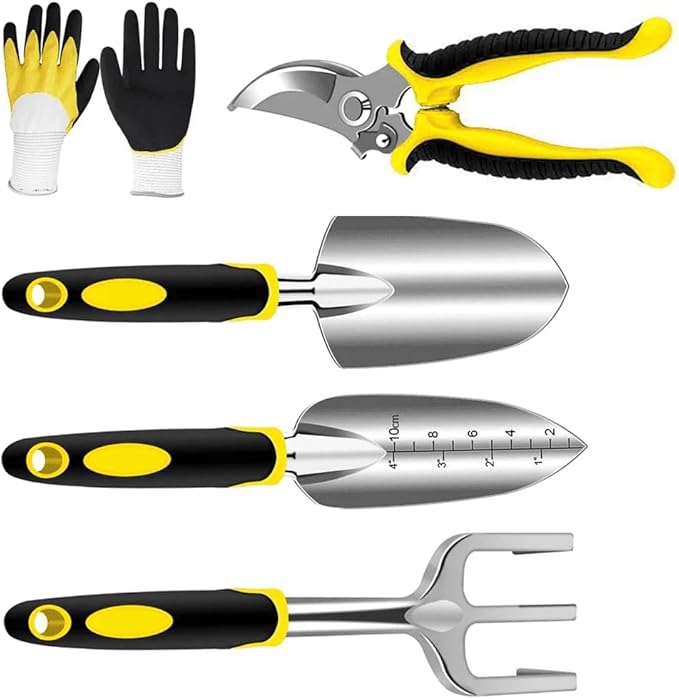 5-Piece Garden Tool Set Heavy Duty Aluminum Gardening Tools with Pruner Trowel Transplanter Hand Rake &amp Gloves Floral Design Ergonomic Handle - Perfect Gardening Gift for Women