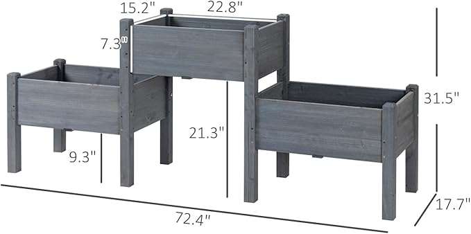 Raised Garden Bed - 3 Planter Box Set Elevated Wooden Plant Stand with Drainage - Great for Vegetables Herbs and Flowers