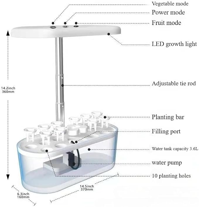 Hydroponics Kit: Full Spectrum LED Smart Timer 3.6L Tank for Indoor Herbs Veggies Gardening Gifts for Women (Black)