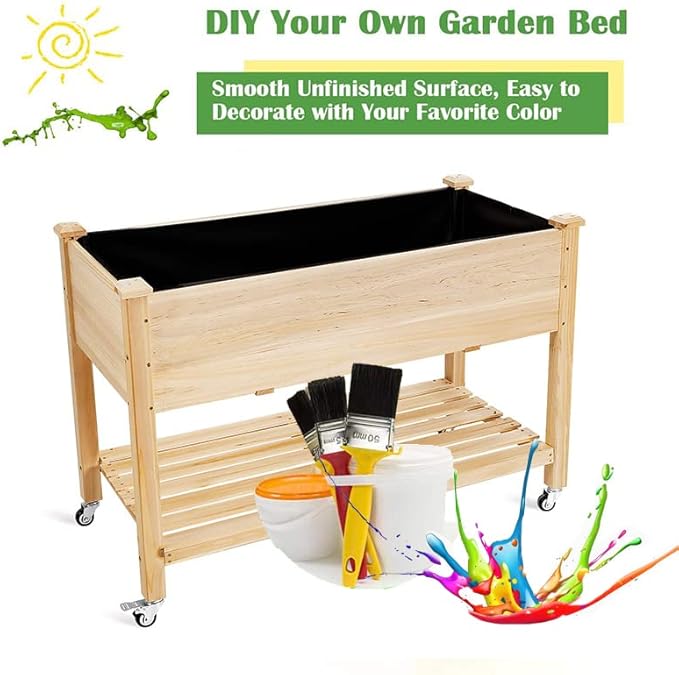 S AFSTAR Raised Garden Bed with Wheels 48 L X 24 W X 33 H Wooden Elevated Planter w/Lockable Wheels Storage Shelf Bed Liner Raised Garden Boxes for Backyard Patio Balcony 110lb Capacity