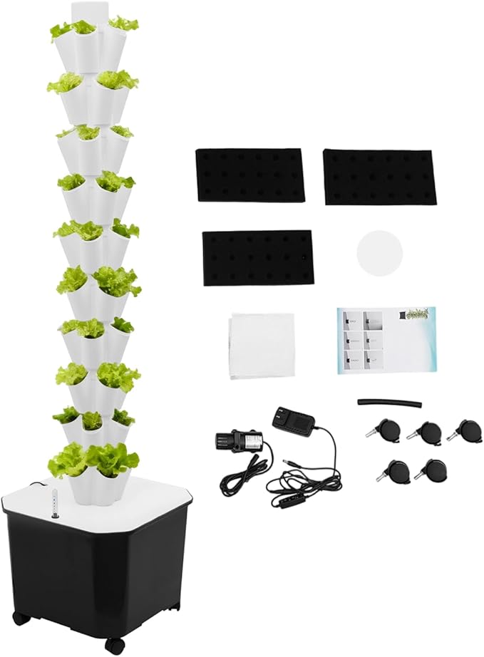 Hydroponic Growing System Kit Aeroponic Tower 50 Hole Garden Vertical Vegetable Planting System with Pump&ampTimer and Mobile 11.89Gal Water Tank (White)