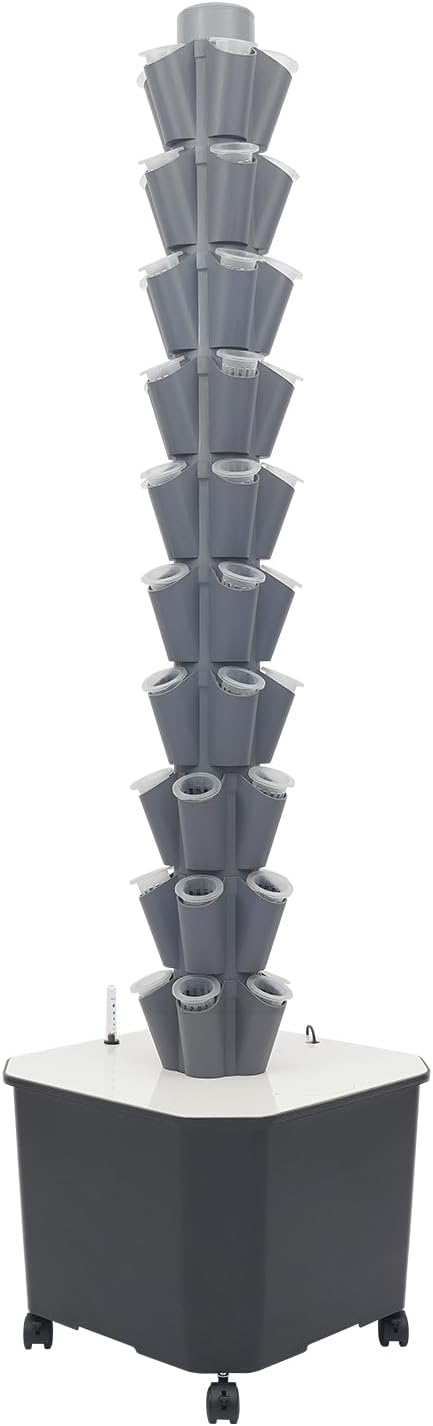 Vertical Hydroponics Growing Kit Modular Hydroponic Tower with Water Pump &amp Timer Function Mobile Hydroponic Growing Kit for Leafy Vegetables Strawberries &amp Chilies (Grey 10 Layer-50 Plant)