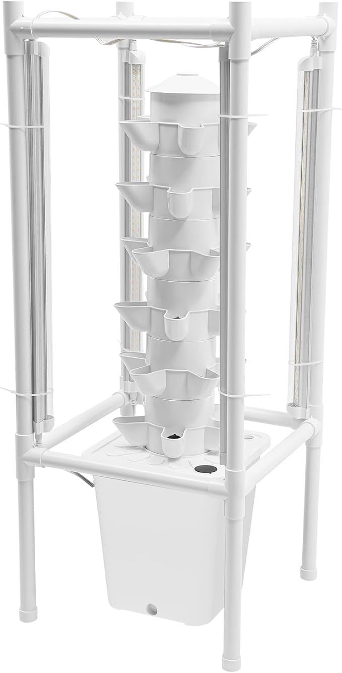 Hydroponics Tower Garden Growing System 30 Pods Vertical Growing System Kit Hydroponic Tower Garden with LED Grow Light for Tomatoes/Cucumbers/Strawberries/Lettuce (White)