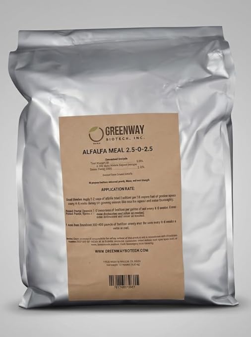 Greenway Biotech Inc. Organic Alfalfa Meal Fertilizer 2.5-0-2.5 | Rose &amp Vegetable Plant Food with Triacontanol Growth Stimulant | Non-GMO Phosphorus-Free | 2 X 15 Pounds