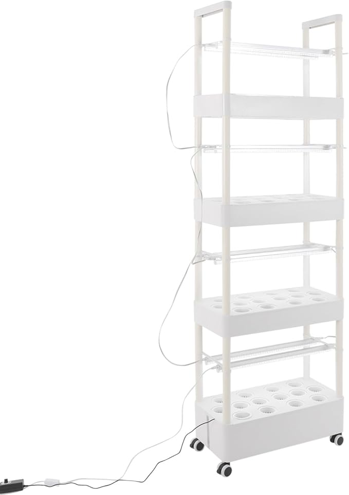 Hydroponic Tower 56 Pods Indoor Herb &amp Vegetable Garden Kit 4-Tier Hydroponic Growing Tower with LED Light Freestanding Vertical Planter U.S. Plug Mobile with Wheels