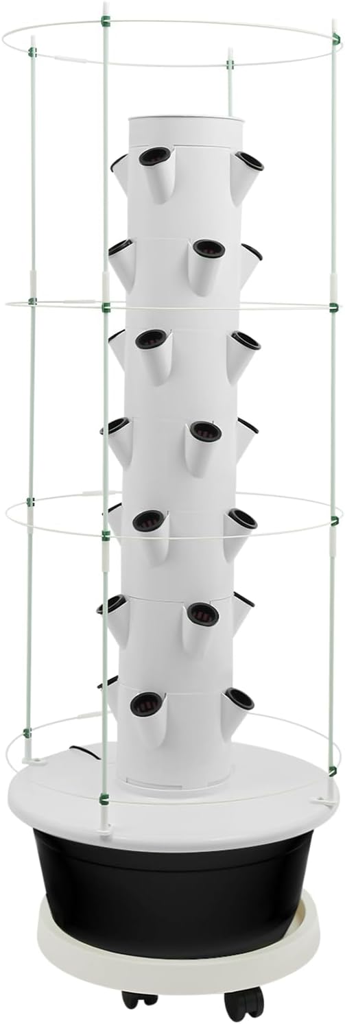 28-Plant Hydroponic Growing Tower with Climbing Trellis – 7-Tier Indoor Vertical Garden Kit 7.92Gal Water Tank Auto Timed Irrigation ABS Build with Wheels (20.86x55.9in)-Black Tank