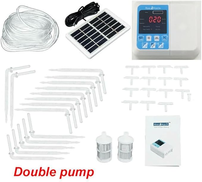 Double Pump Automatic Watering Device Solar Automatic Drip Irrigation Kit with Electronic Water Timer: Self-Watering System for 20 Potted Plants