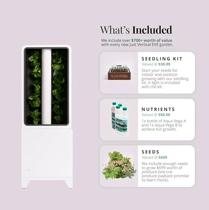 Just Vertical EVE Tower Garden | Hydroponic Growing System | Grow 12 Fresh Herbs &amp Vegetables Year-Round | Self-Watering Energy-Efficient LED Compact Design Fully Assembled | White