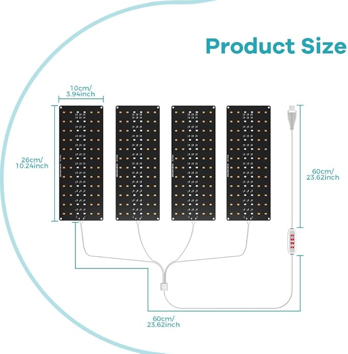 4Head Full Spectrum LED Plant Grow Lights DC5V Indoor Seedling Planting Panel Lamp Dimmable Hydroponic System UV/IR Auto On/Off 8/12/16hours Timer Greenhouse Tent Cultivate Flower Succulents Fill Lamp