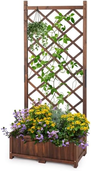 Wood Planter Raised Garden Bed with Trellis 67 Inch Height Outdoor Garden Flower Standing Planter Box Lattice Panels