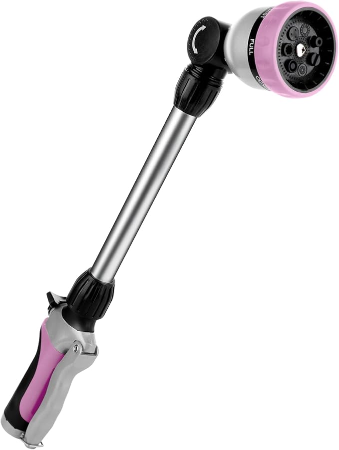 RESTMO Metal Watering Wand Heavy Duty Garden Hose Wand with 180° Swivel Ratcheting Head 16'' Hose Nozzle Sprayer with 7 Spray Patterns and Flow Control for Water Hanging Baskets and Shrubs Pink