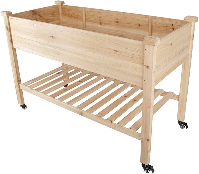 Wooden Raised Garden Beds Outdoor with Legs Mobile Elevated Planter Boxes with Lockable Wheels Storage Shelf for Backyard Patio Grow Herbs and Vegetables