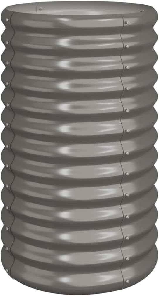 Large Cylindrical Grey Garden Planter Powder-Coated Steel Outdoor Durable Modern Design for Flowers Herbs Vegetables on Patio Balcony and Terrace