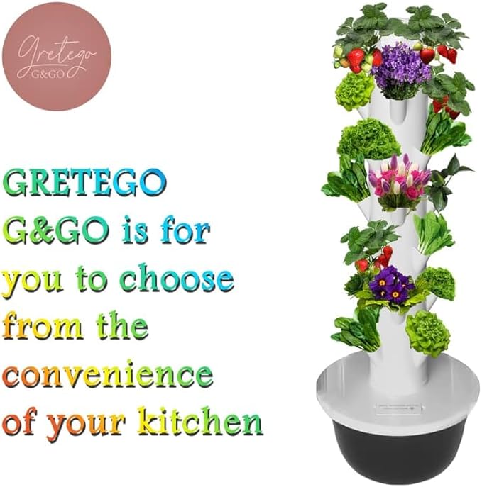 GRETEGO G&ampGO Hydroponics Growing System Kit Aero Gardening System Hydroponic Tower|28 Net Pots for Tomato Green Salad Strawberry Tower in Your Indoor Vegetable Garden