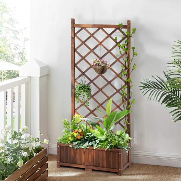 Wood Planter Raised Garden Bed with Trellis 67 Inch Height Outdoor Garden Flower Standing Planter Box Lattice Panels