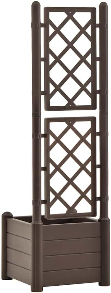 Large Garden Planter with Trellis Mocha Polypropylene Square Raised Bed for Outdoor Plants 16.9x16.9x55.9 Inch Durable Matte Finish
