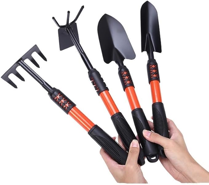 3/4-Piece Heavy-Duty Garden Tool Set – Carbon Steel Hand Trowel Rake Hoe Shovel with Anti-Rust Coating &amp Non-Slip Handle for Gardening and Planting (Black)(Four-pack)