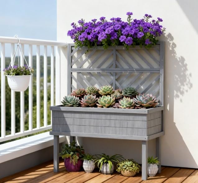 Standing Garden Bed with Built-in Trellis Elevated Wood Planter with Legs &amp Drainage Holes Comfortable Height for Climbing Vegetables &amp Flowers (Grey)