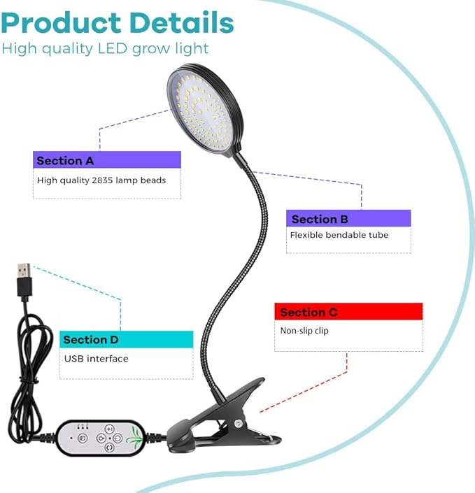 60W Red Blue Plant Lamps USB Power Supply 5V Indoor Planting Fill Light Dimmable Automatic on/off 360° Adjustable 3-mode Greenhouse Tent Hydroponic UV/IR Vegetables Flowers Succulent Fruit Seedlings
