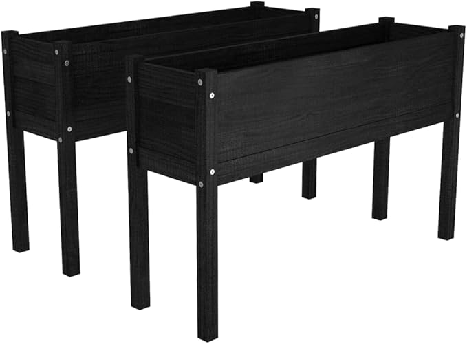 Large Outdoor Planter Set of 2 Black Solid Pinewood Raised Garden Bed 43.3x12.2x27.6 Inch Rectangular Planters for Outdoor Plants Gardening