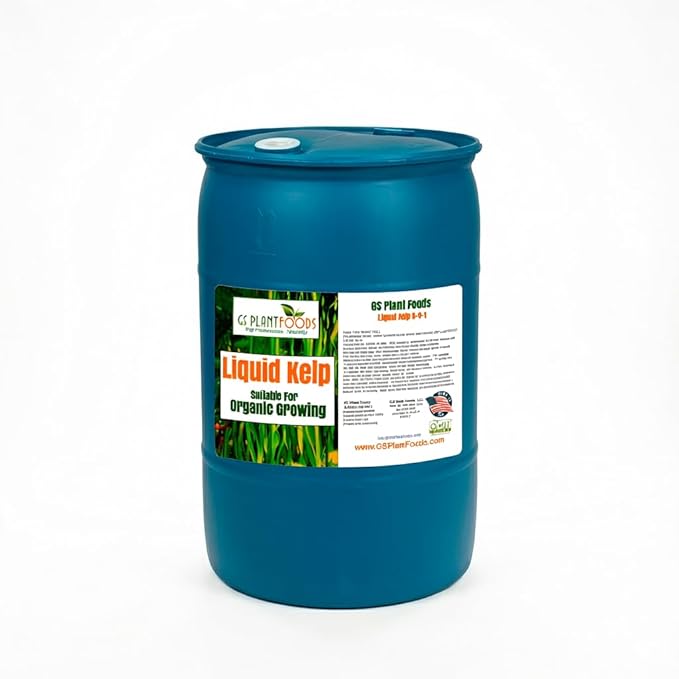 GS Plant Foods Liquid Kelp Fertilizer – Suitable for Organic Growing OMRI Listed Seaweed Concentrate for Lawns Gardens &amp Soil - 55 Gallons