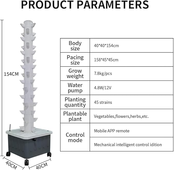 Hydroponic Tower Growing System Indoor hydroponic Grow System Vertical Grow Tower 15 Layer 45 Plants Sites with Pump and Movable Water Tank