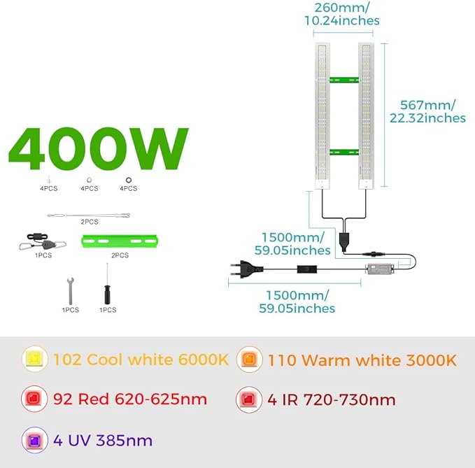 2pcs 400W Full Spectrum Grow Light LED Greenhouse Hydroponic Lights Sunlight 100-277V Indoor Grow Panel Lamp UV/IR Succulent Cultivate Lamps 110V Flower Cactus Seedling Fill Lighting US Plug With Hook