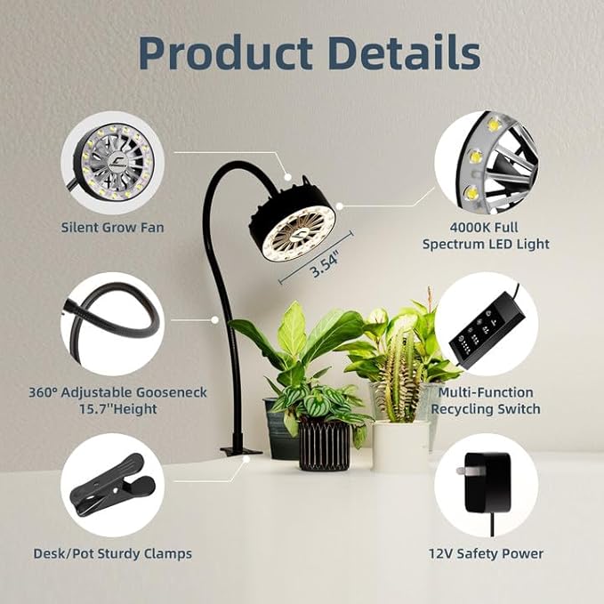 Grow Lights for Indoor Plants Full Spectrum Plant Grow Light with Plant FanClip on Plant Lights for Indoor Growing with Timer and DimmableSuit for Plant shves and Plant Pot1 Pack