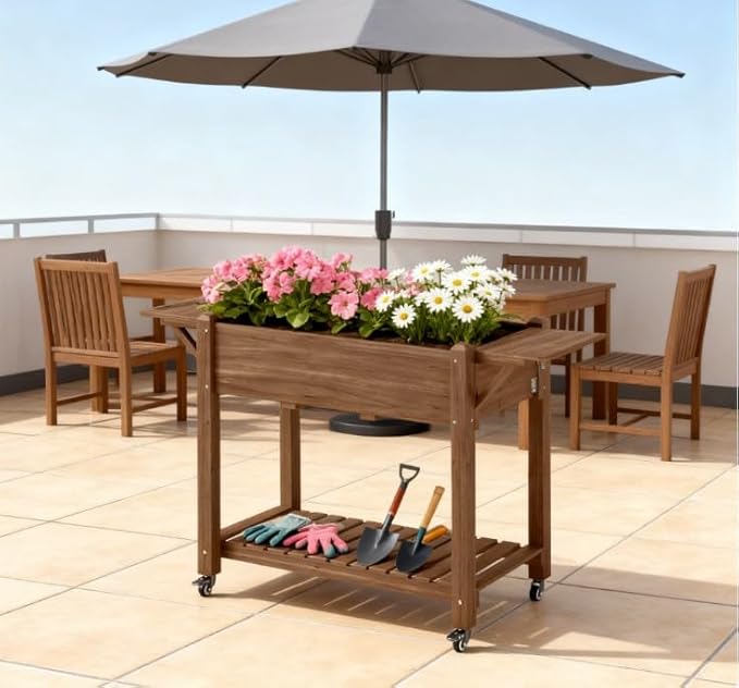 Convenient Elevated Garden BedWood Raised Planter Boxwith Lockable WheelsSide TablesBottom ShelfDrain Holes
