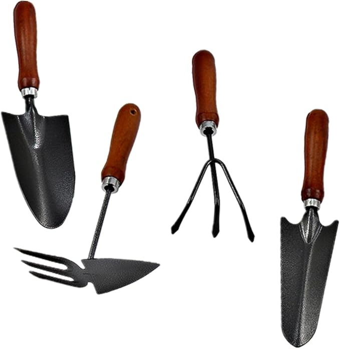 Toyvian Mini Garden Tool Set 4pcs Thickened Iron Spade and Wooden Handle Shovel for Planting Weeding and Transplanting in Garden and Patio Use