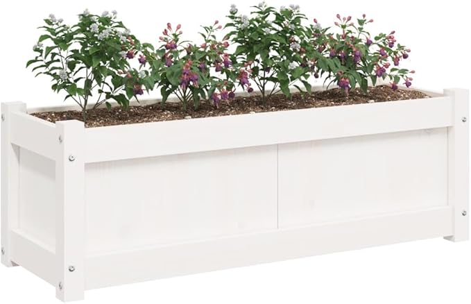 White Solid Pine Wood Garden Planter Set of 2 Large 35.4 Rectangular Outdoor Raised Garden Bed for Flowers Herbs Patio Decor