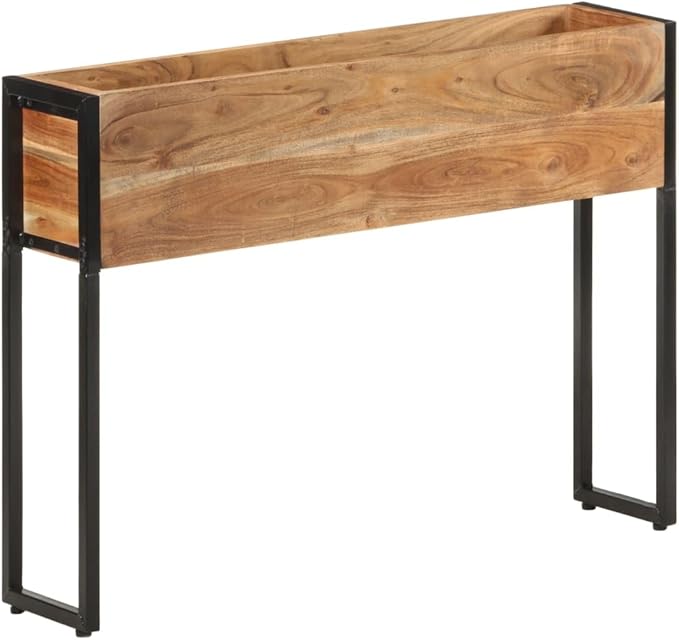 Rectangular Acacia Wood Planter 35.4 x 7.9 x 26.8 Natural Finish Black Metal Frame Durable Raised Garden Bed for Outdoor Plants Patio Deck