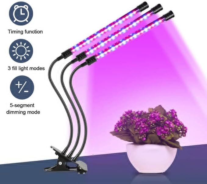 LED Grow Light 27W Red Blue Full Spectrum Timing 54 LED 5 Dimmable Levels Plant Grow Lights for Indoor Plants Adjustable Gooseneck 4 8 12H Timer 3 Switch Modes Waterproof