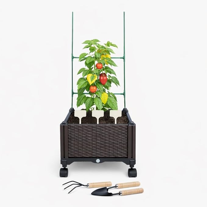 Sherbo Raised Garden Bed Planter Box on Wheels with Trellis Rattan Style Raised Planter Beds for Outdoor Plants Compact Mobile Planter Boxes Outdoor for Patio or Balcony